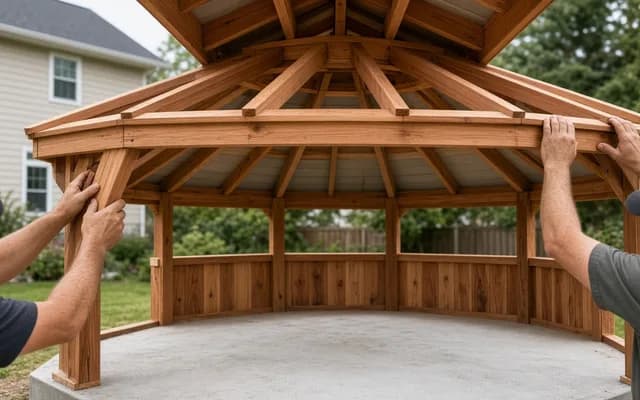 Two carpenters steadying the cedar rafters and beams of an octagonal gazebo frame set on a concrete pad