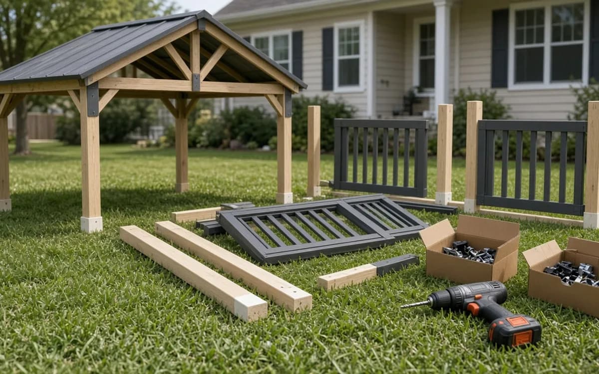 Metal-roof wood gazebo beside unassembled black railing panels, boards, boxes of bolts and a cordless drill on grass