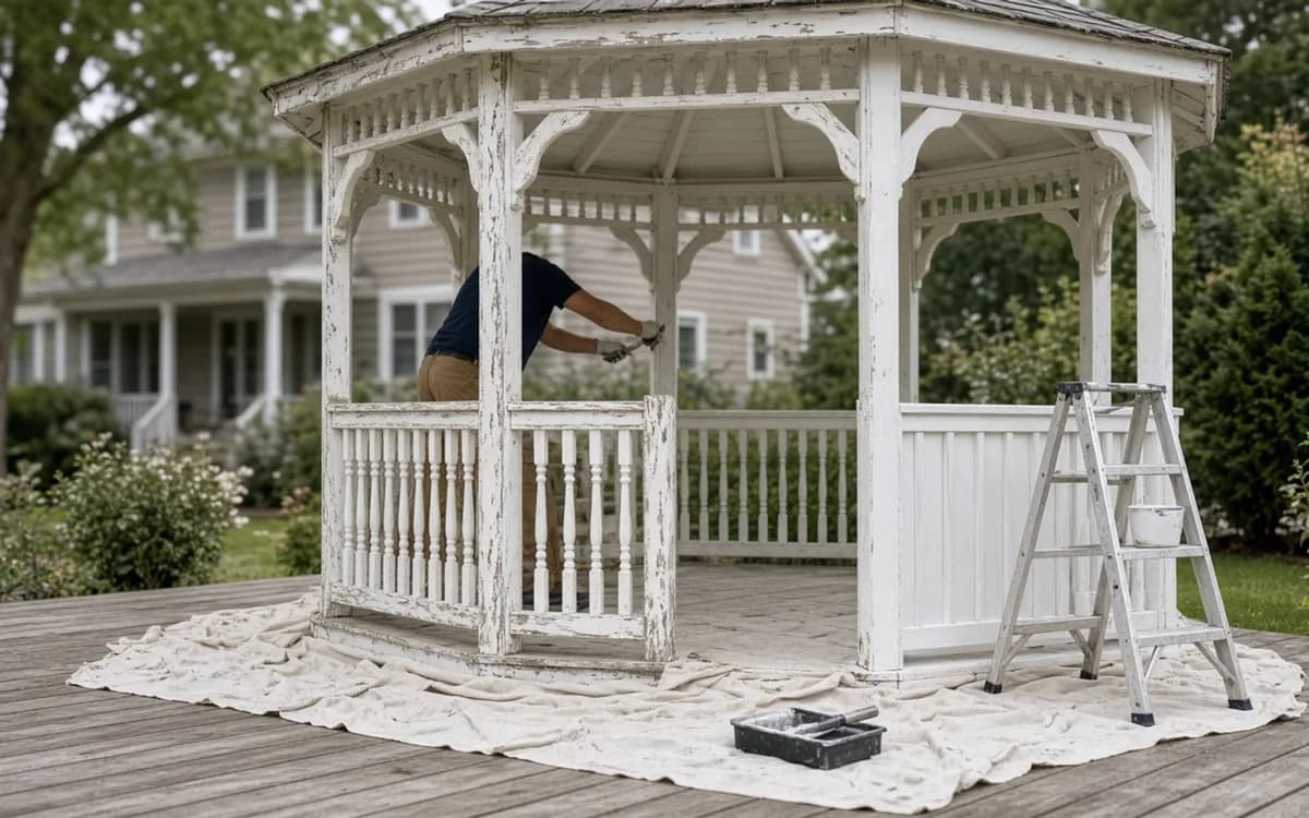 Worker scraping a weathered white octagonal gazebo on drop cloths with an aluminum stepladder and paint tray