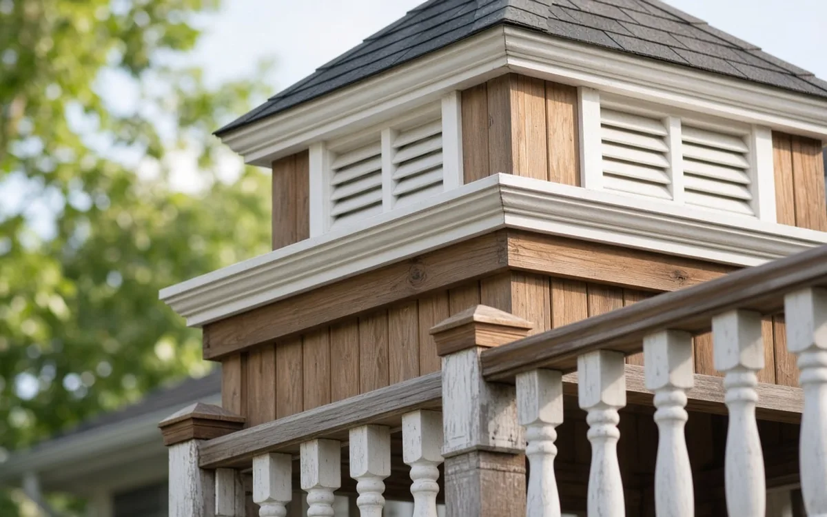 Two-tone louvered cupola with white trim and cedar siding above a white turned-baluster railing