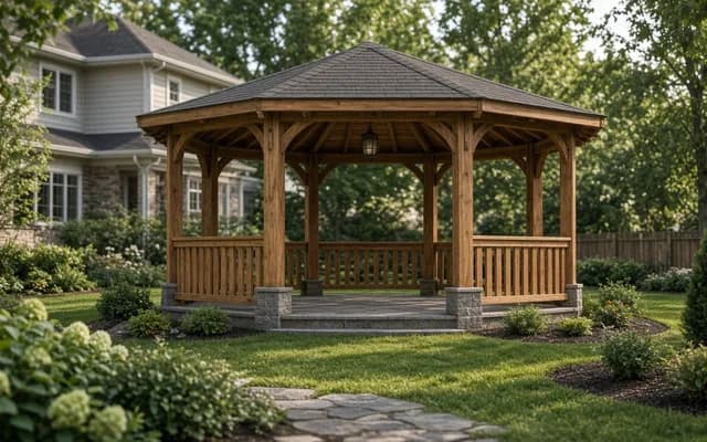 Timber-frame octagonal gazebo with stone post bases, a hanging lantern and a paver floor in a landscaped yard