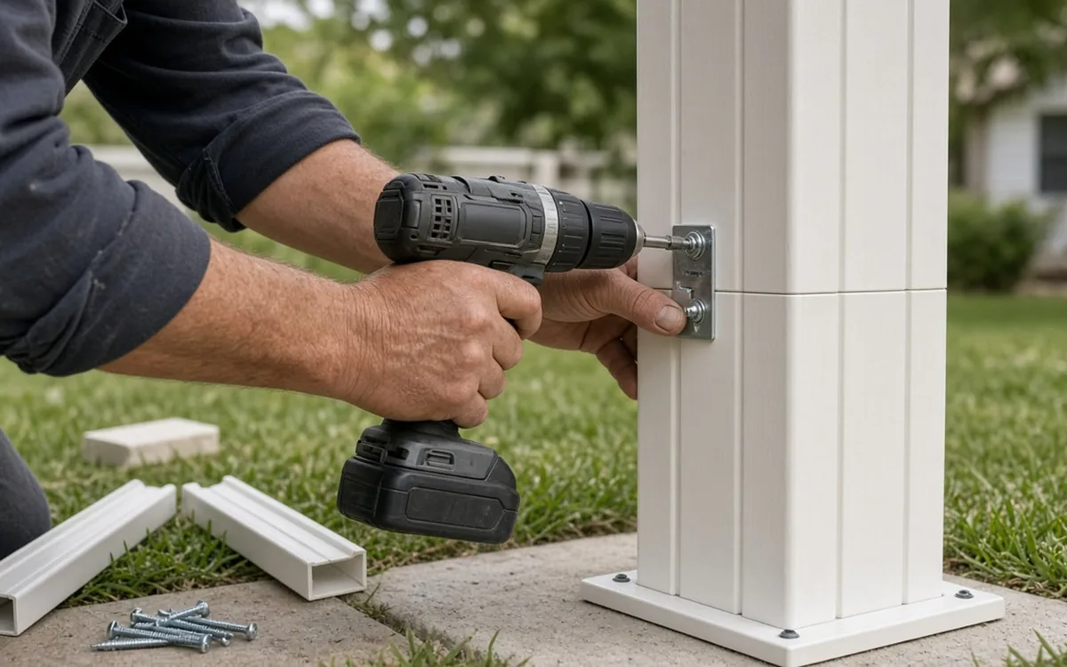 Two installers lifting an aluminum roof panel onto a cedar gazebo kit frame anchored to a concrete slab