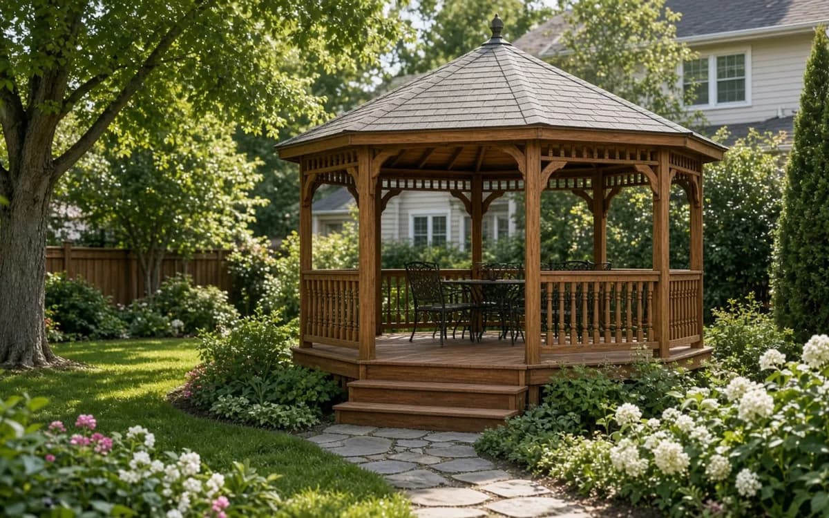 Older octagonal gazebo with new shingles and hub cap being installed while the frame is re-stained