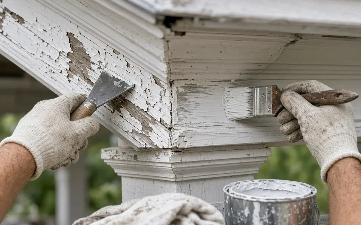 Carpenter probing the base of a weathered cedar gazebo post with a screwdriver beside a moisture meter
