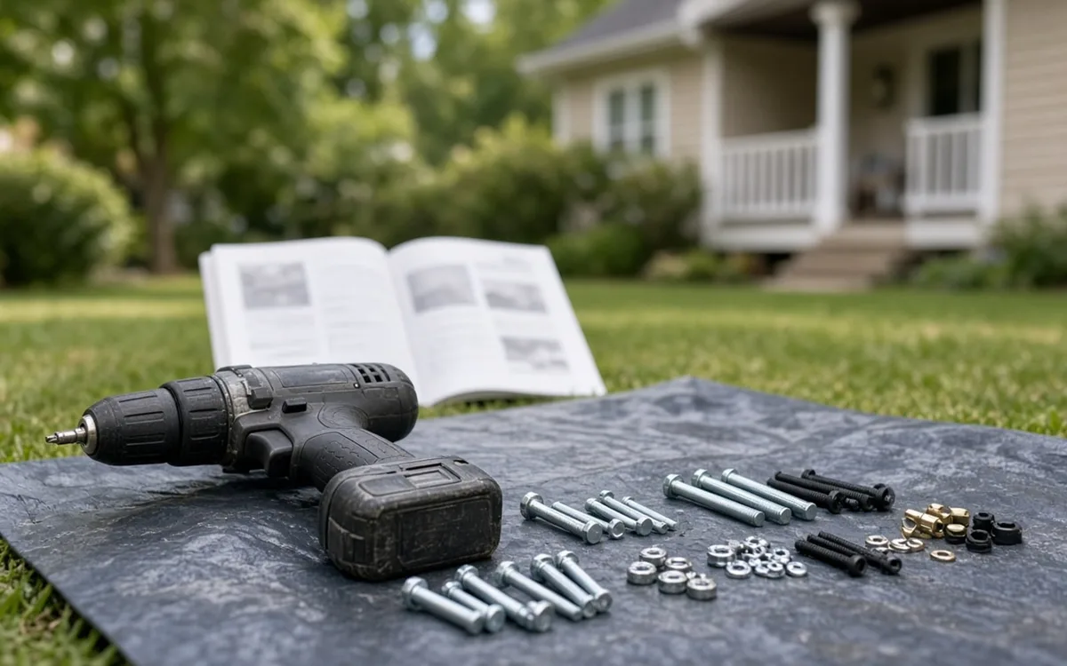 Cordless drill, bolts, nuts and washers laid on a tarp on the lawn with an open instruction manual behind