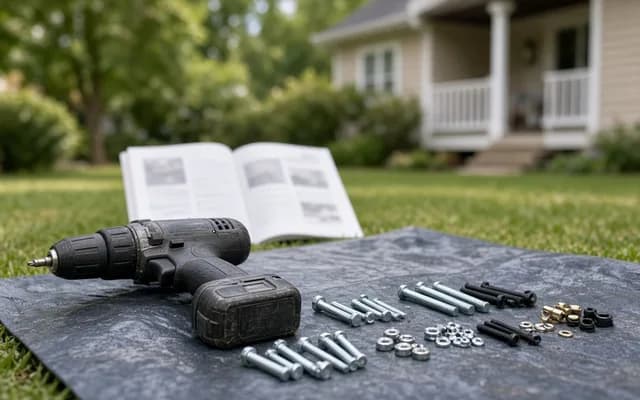 Cordless drill, bolts, nuts and washers laid on a tarp on the lawn with an open instruction manual behind