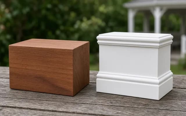 Solid cedar block next to a white vinyl post sleeve section on a weathered table, blurred gazebo behind