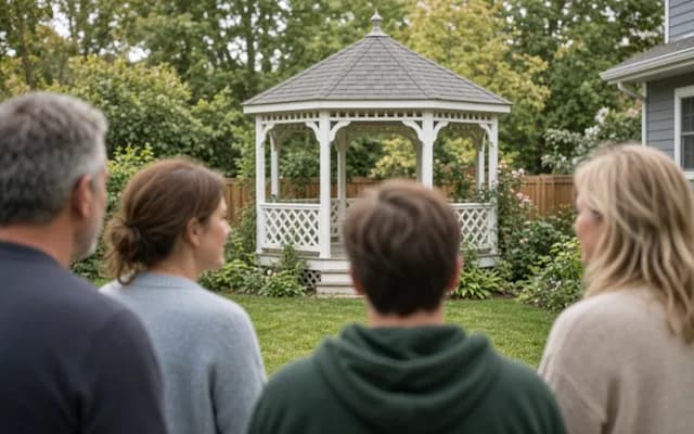 Four people seen from behind looking at a white gazebo with lattice railings in a fenced backyard