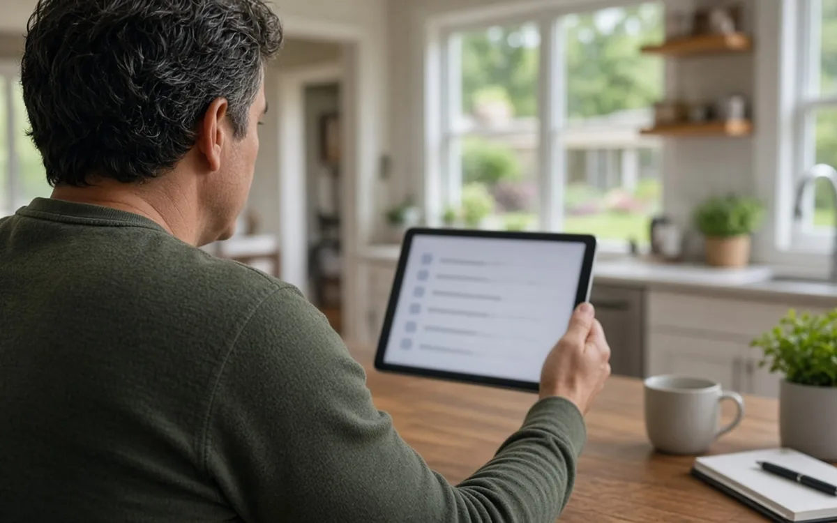 Man in a green sweater holding a tablet showing a checklist at a kitchen table with a mug and notebook