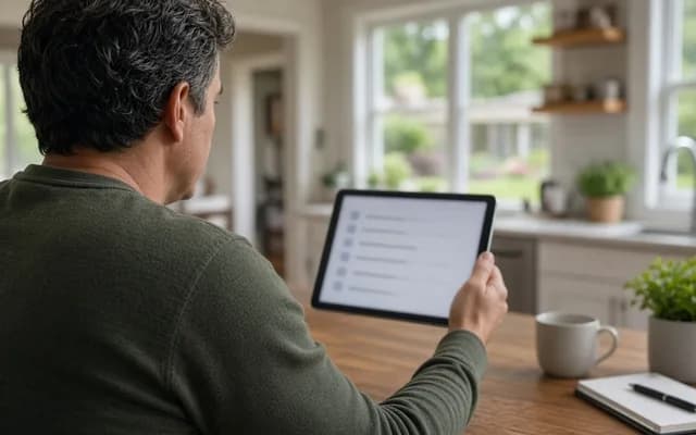 Man in a green sweater holding a tablet showing a checklist at a kitchen table with a mug and notebook